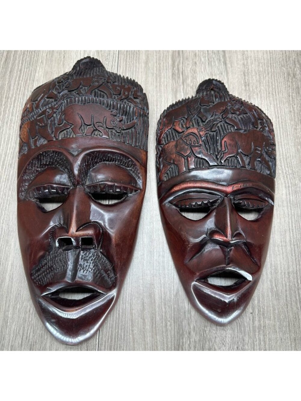 Vintage Wall Hanging Decorative Hand Carved Wood African Tribal Masks Pair Brown